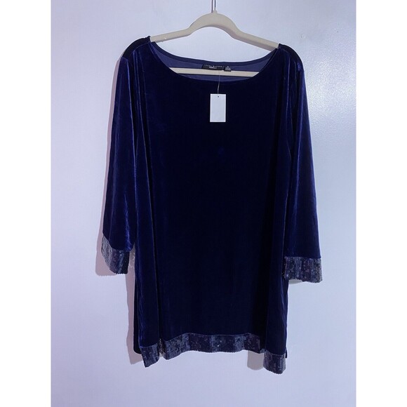 Susan Graver Tunic Top 3X Velvet Blue Sequin Trim Quite Luxury Holidays Party - Picture 1 of 11